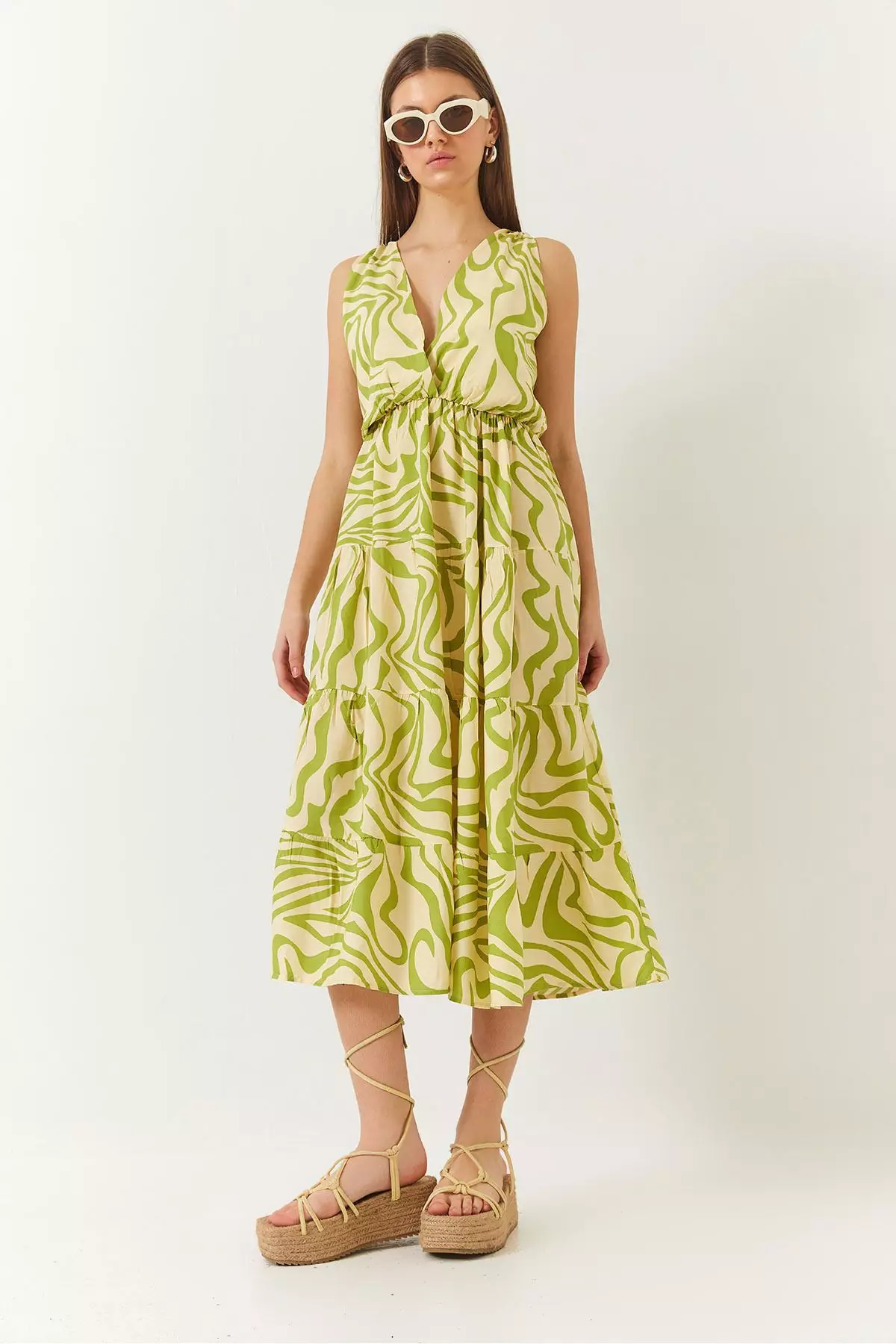 Women's Double Breasted Neckline Elastic Waist Back Rope Tie Print Dress 60261428