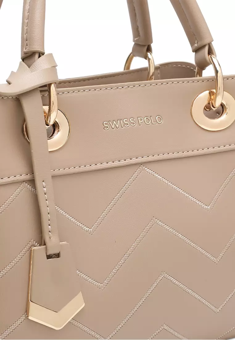 Women's Zig Zag Quilted Top Handle Bag / Crossbody Bag / Shoulder Bag - Beige