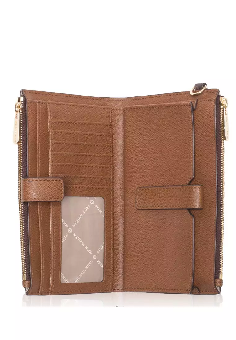 Jet Set Travel Large Double Zip Wristlet In Signature - Brown