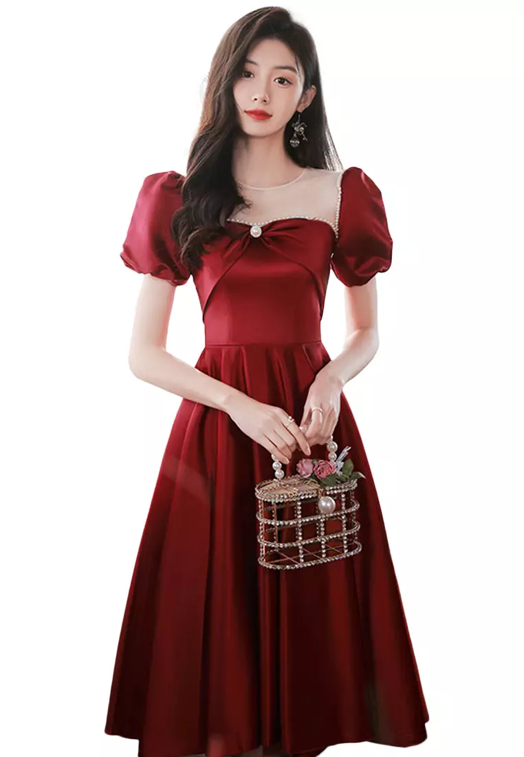 Buy Sunnydaysweety Solid Satin French Bubble Sleeve Evening Dress