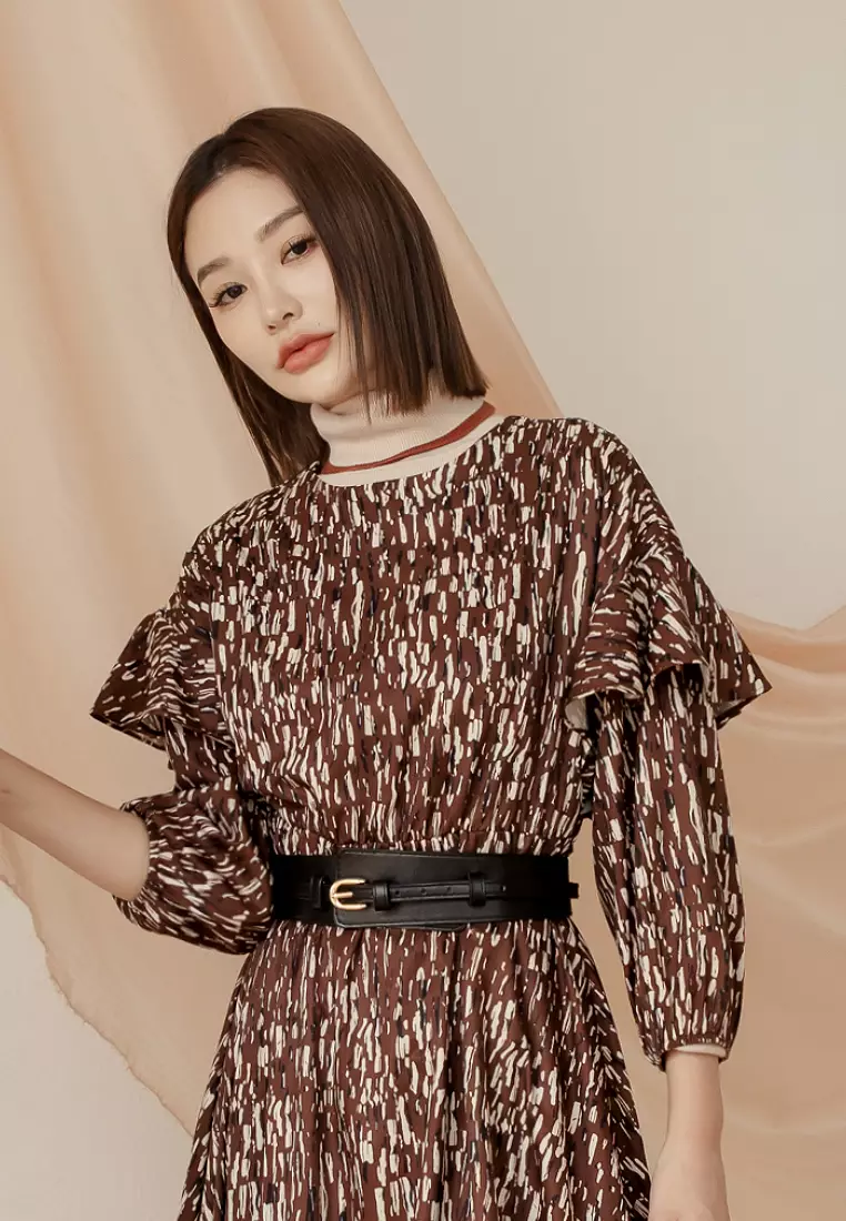Printed Ruffle Sleeve Maxi Dress [DA9962]