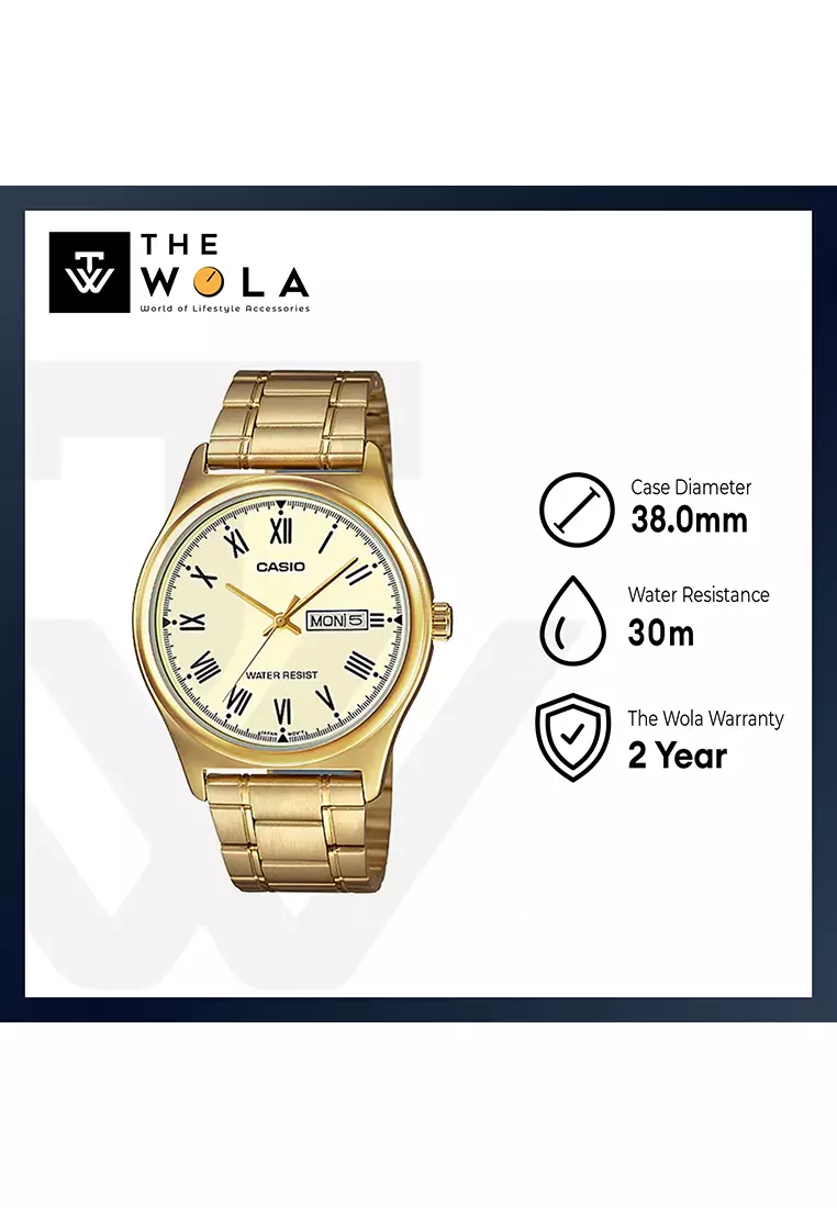 Men Analog Watch MTP-V006G-9B Gold Stainless Steel Strap
