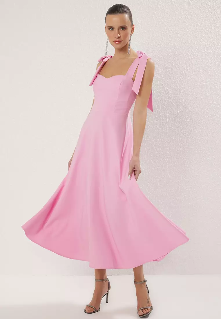 Pink A-Line Strap Detailed Woven Evening Dress Graduation Dress TPRSS24EL00251