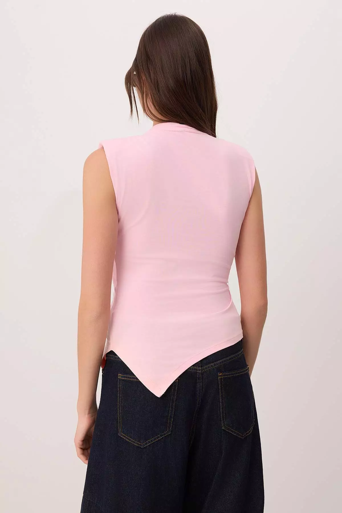 Light Pink Fitted/Sleeveless Asymmetrical Cotton Stretch Knitted Blouse Twoss26Bz81