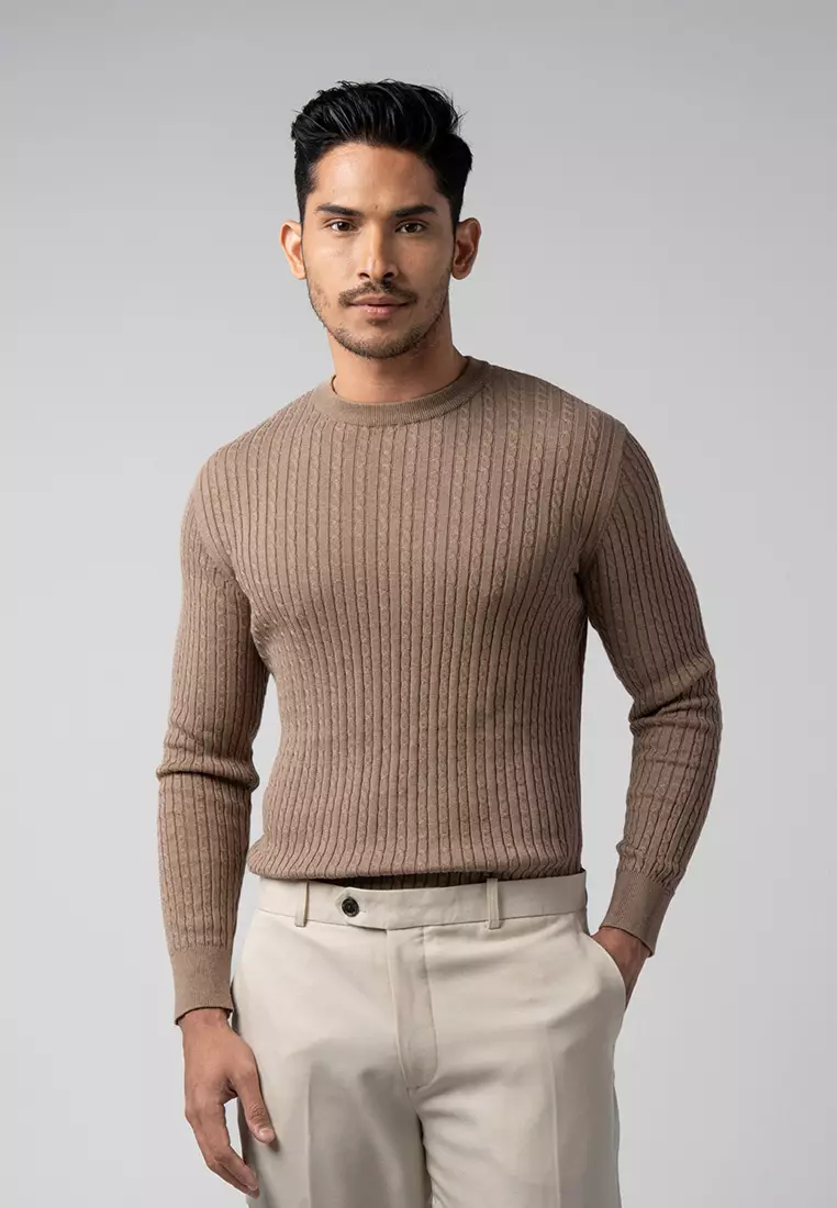 Mens Cable Knit Cotton Sweater Light Brown LS