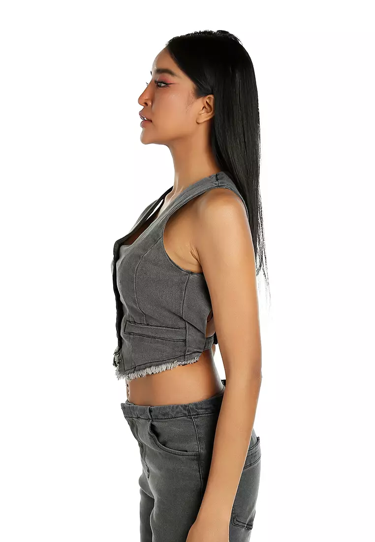 Backless Denim Waistcoat In Washed Black