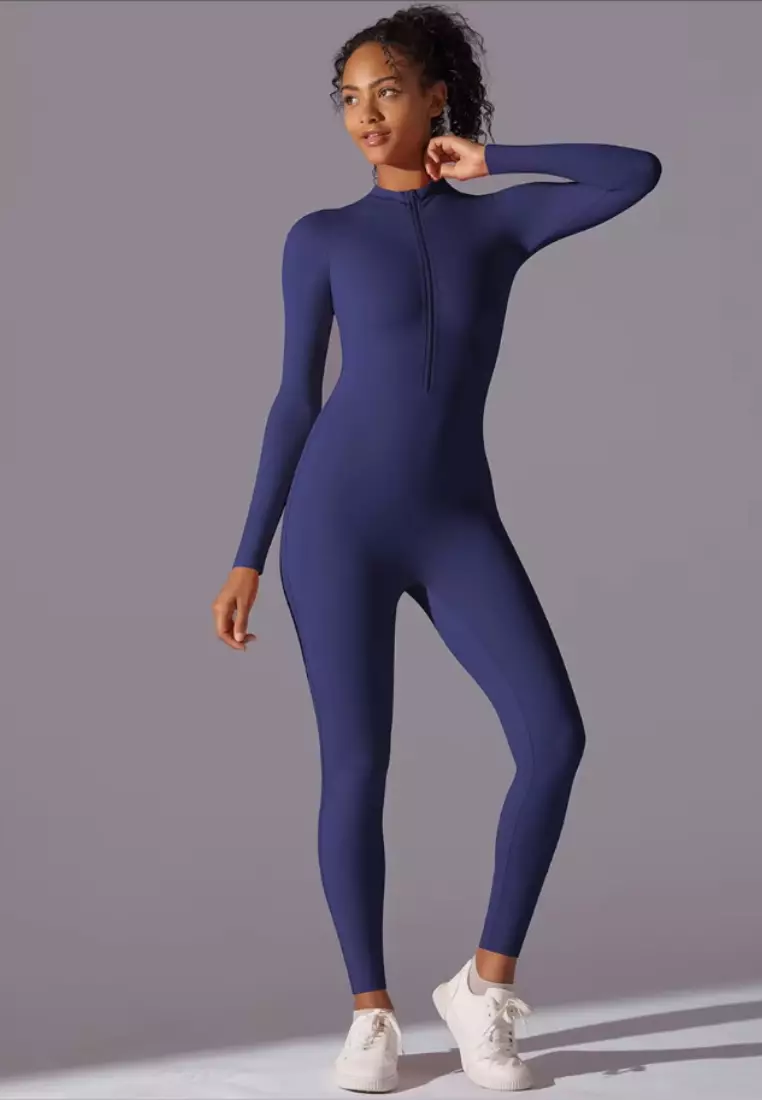 SculptaSuit Women’s Full-Length Sporty Jumpsuit – Stretchy Nylon Spandex Activewear No Bra Padding Yoga & Gym Bodysuit