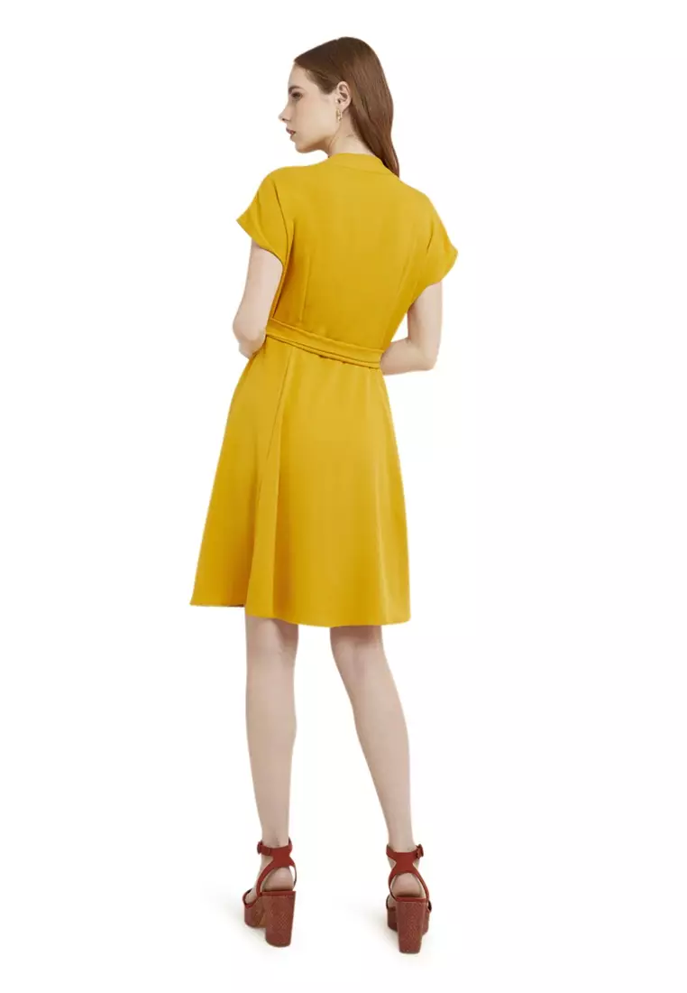 Mini Dress Kasual Lengan Pendek Collar Neckline Baju Wanita Regular Fit - Mustard