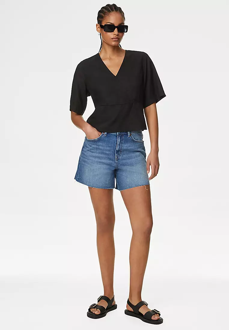 Linen Rich V Neck Kimono Sleeve Blouse