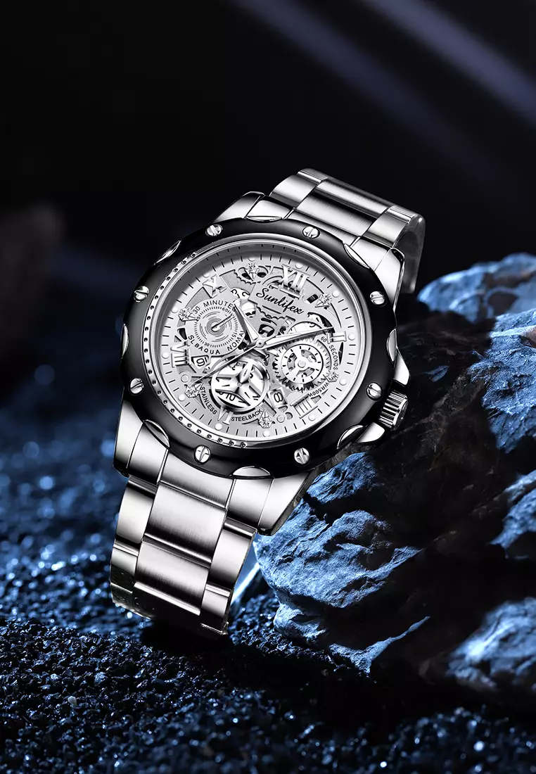 Jam Tangan Pria Kuarsa Luminous Tanggal Kasual Tali Stainless Steel Jam Tangan Cowok 8080 silverwhite