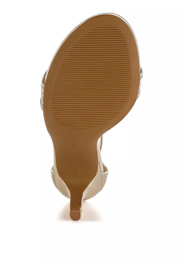 金色金屬感人造皮革貓跟涼鞋