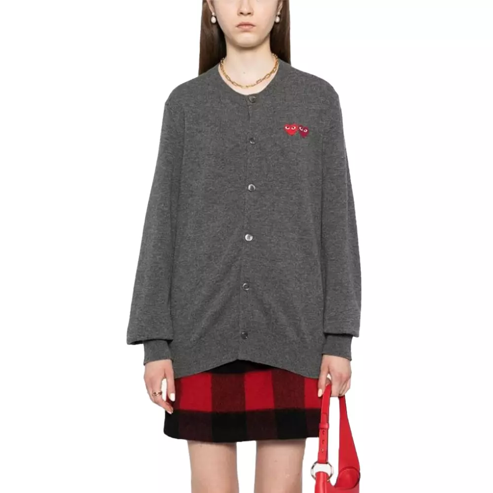 Play Signature Double Heart Patch Wool Cardigan Grey