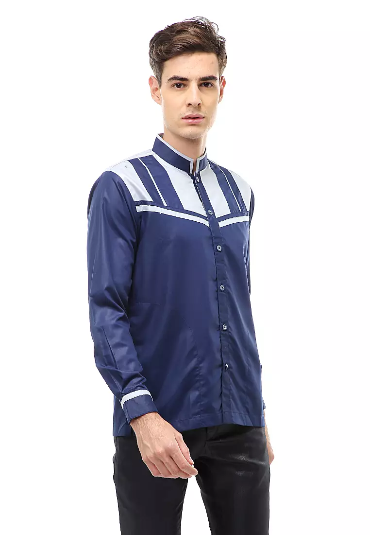 Dwan Atasan Formal Pria Kemeja Koko Beam Motive Long Sleeve Material Cotton ORIGINAL- Navy