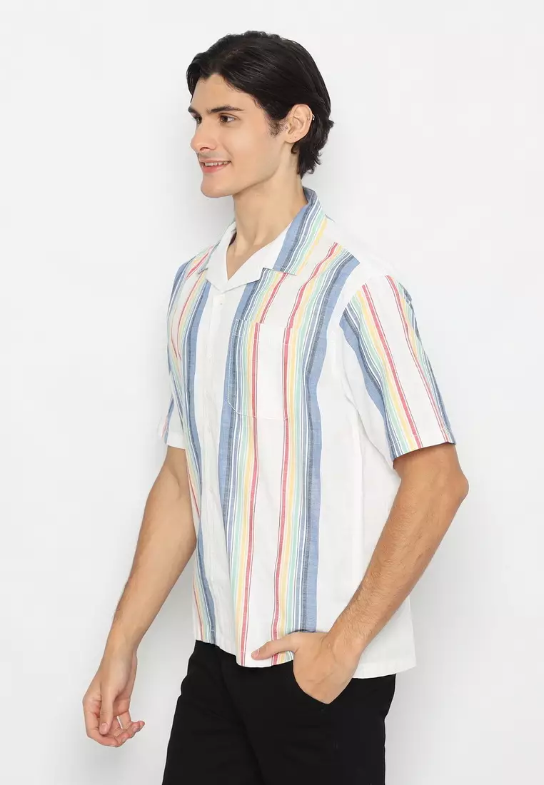 RBJ Kemeja Salur Linen Krah Hawaii Putih Biru Regular Fit Pria