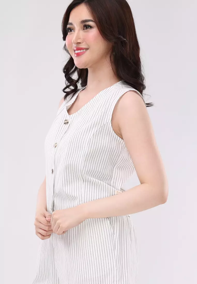 Stripes Cotton Sleeveless Blouse/Shorts Terno