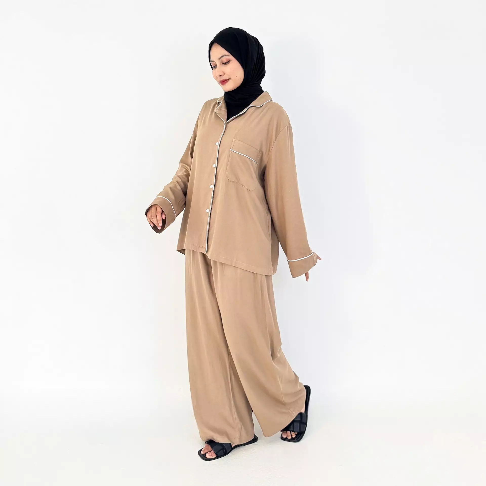 Set Baju Tidur Serena | Size L-XXL COKLAT | Setelan Piyama Lengan Panjang Wanita Katun