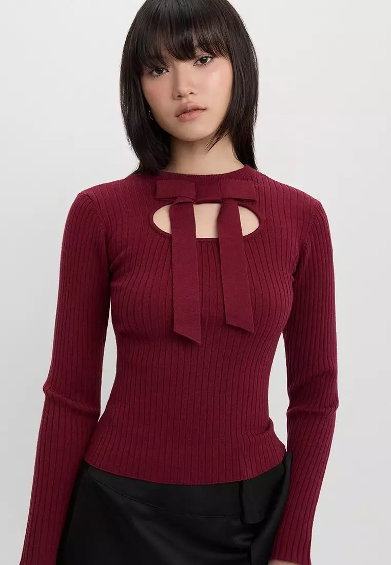 Bow Front Cut Out Sweater - Red
