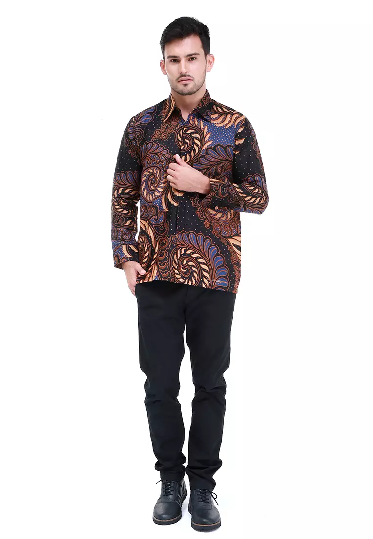 Dwan Kemeja Batik Pria Puser Motives Atasan Formal Longsleeve Shirt Material Cotton ORIGINAL - Navy