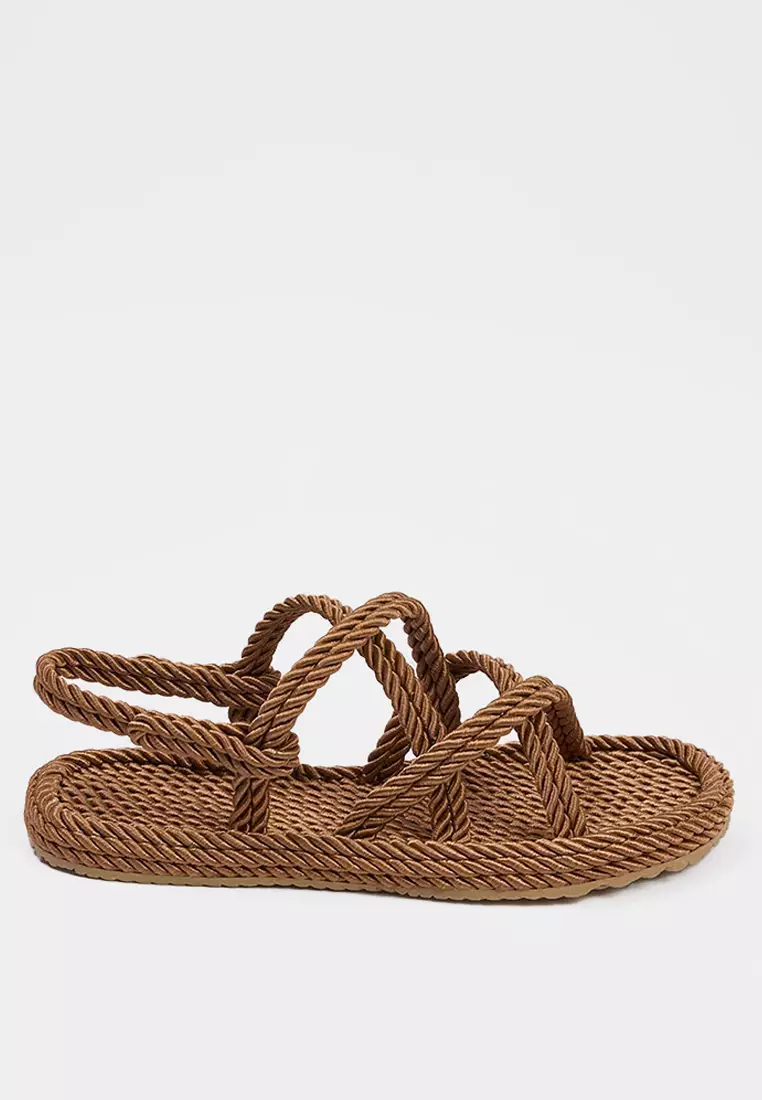 Brown Cross Strap Rope Drawstring Women's Straw Sandals Takss25Sd00056
