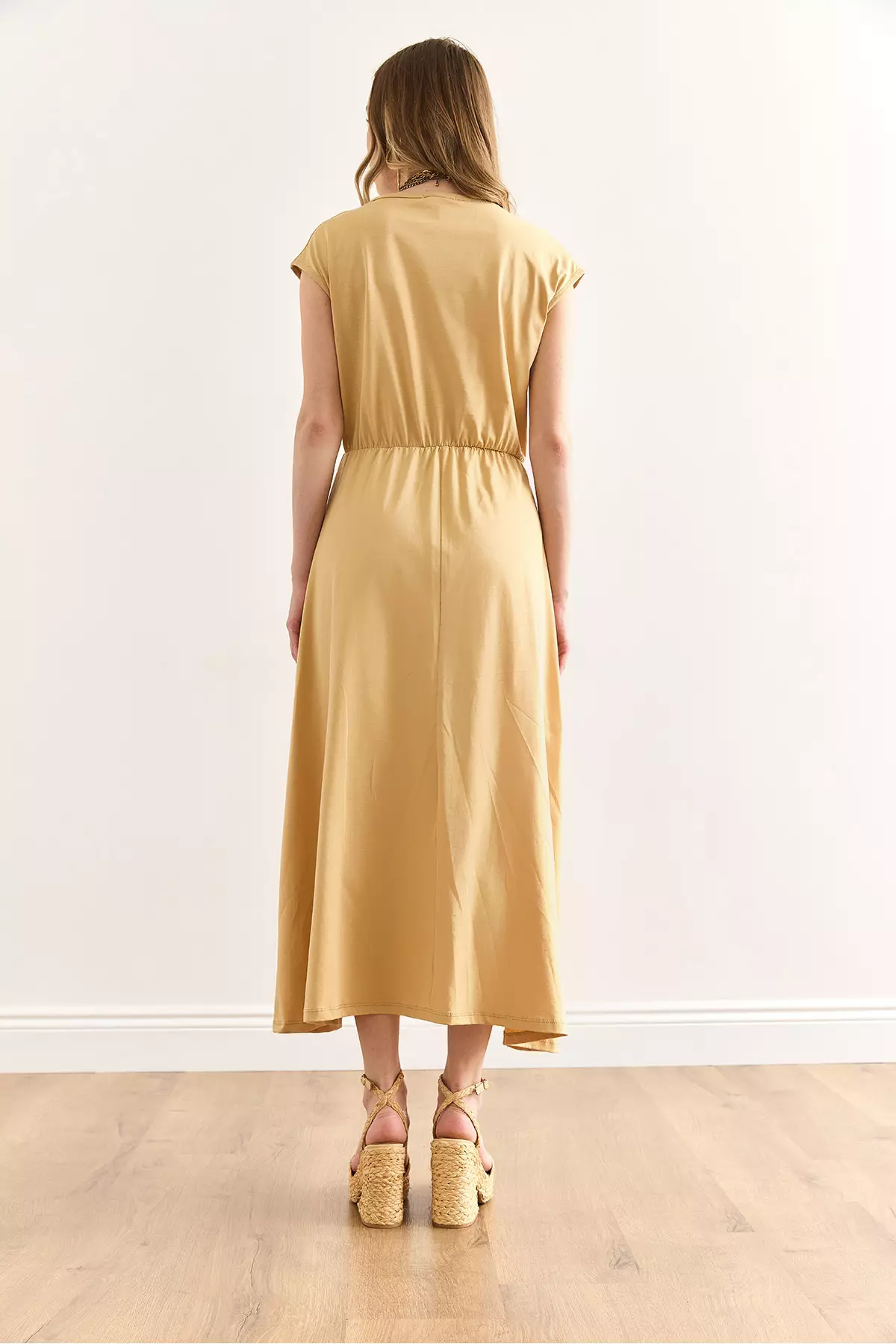 Women's Beige Elastic Waist Bat Combed Cotton Dress Elb-19001509