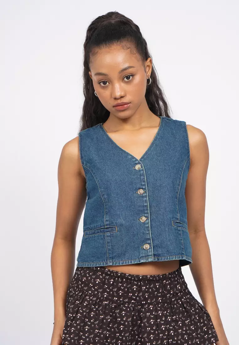 V-Neck Cropped Denim Vest