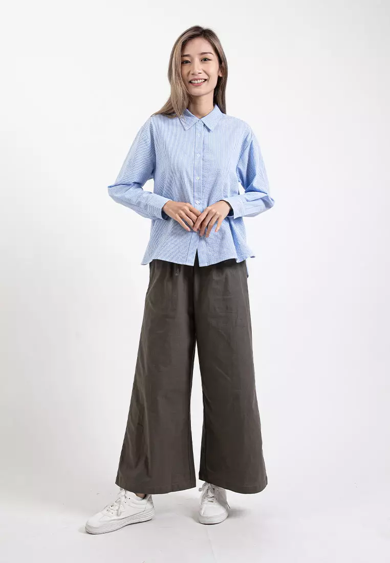 Forest Ladies Stretchable Cotton Linen Elastic Waist Wide Leg Pants Women Long Pants | Palazzo - 810473-14Khakigreen