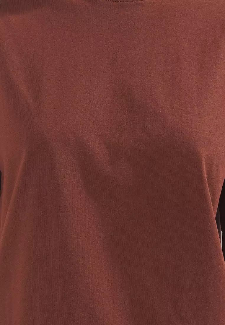 Brown 100% Cotton Premium Oversize/Wide Pattern Crew Neck Knitted T-Shirt TWOSS23TS00040