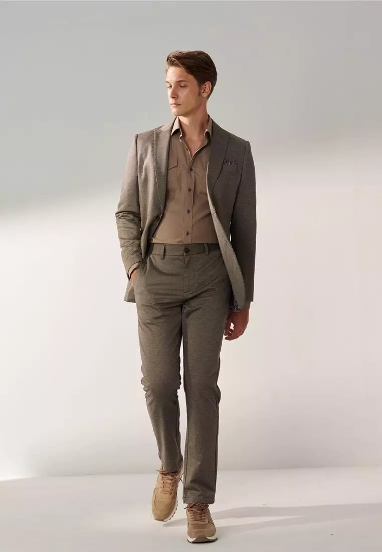 Hazelnut Brown Houndstooth Slim Stretch Jersey Trousers