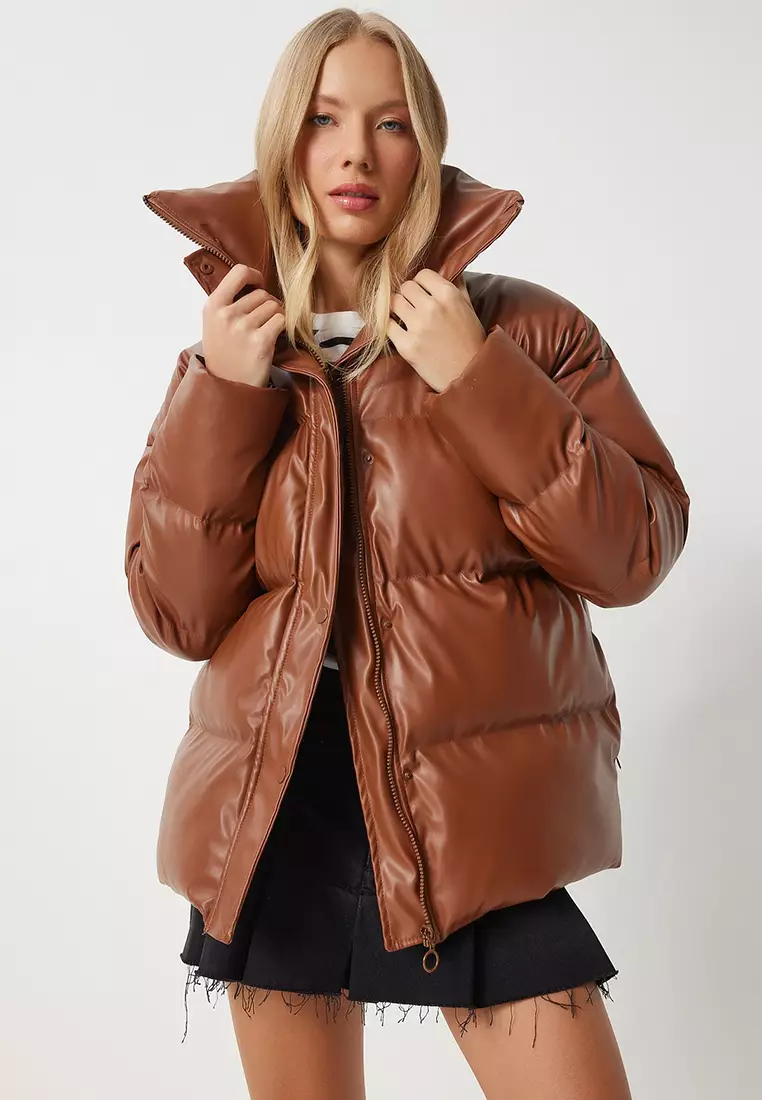 Stand Collar Faux Leather Puffer Coat