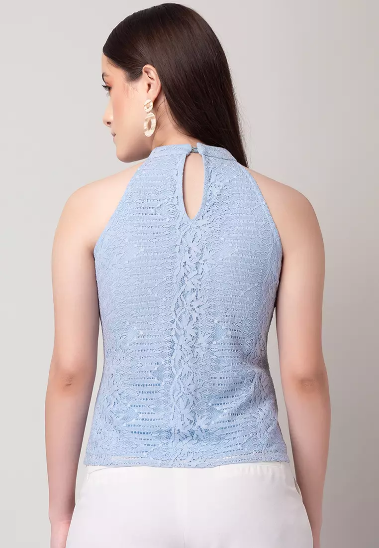 Pastel Blue Halter Neck Ruffle Top