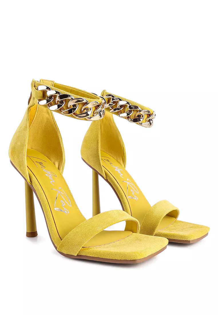 Yellow Heeled Faux Suede Chain Strap Sandal