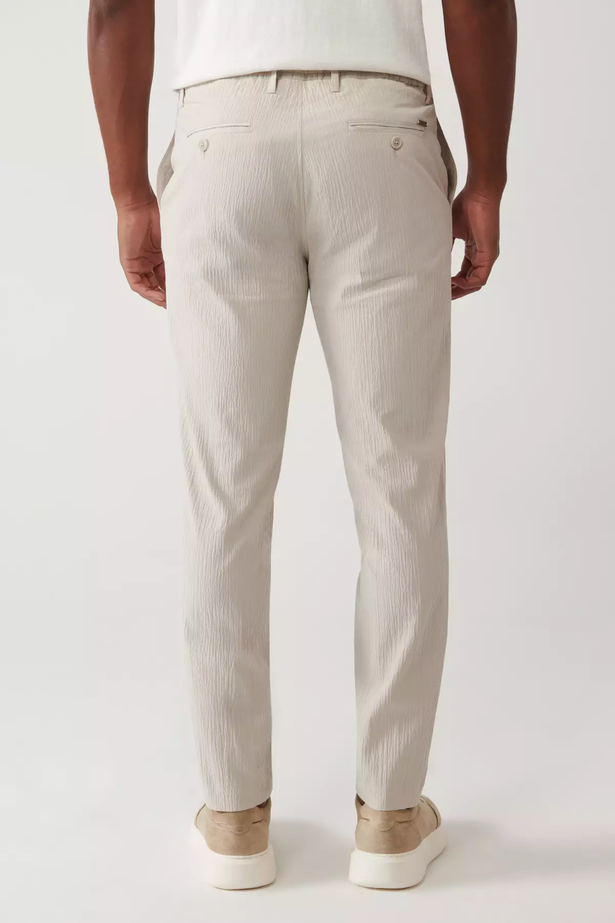 Men'S Beige Side Pocket Stretch Fabric Waffle Cotton Lightweight Relaxed Fit Trousers A41Y3202
