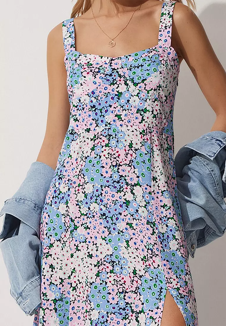 Square Collar Floral Summer Viscose Dress