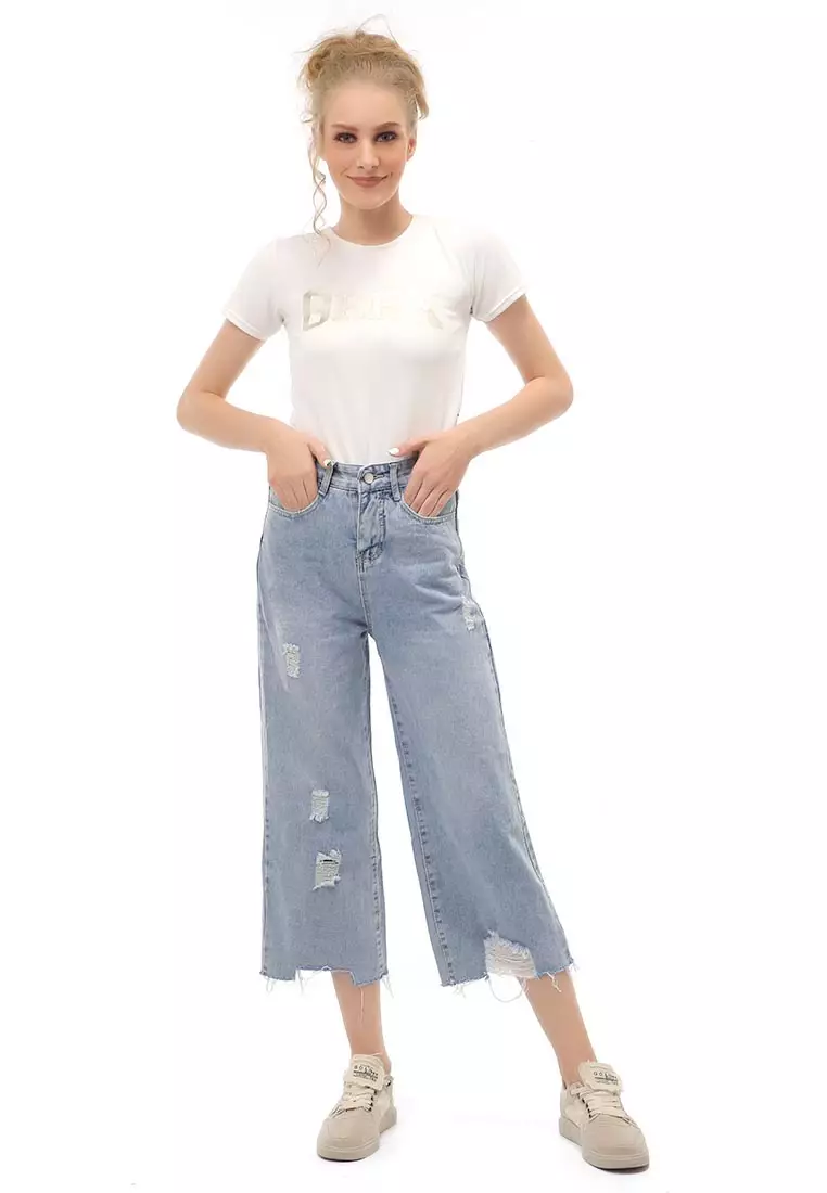Jourel Long Pants Celana Panjang Kulot Jeans Wanita Material Denim ORIGINAL - Light Blue