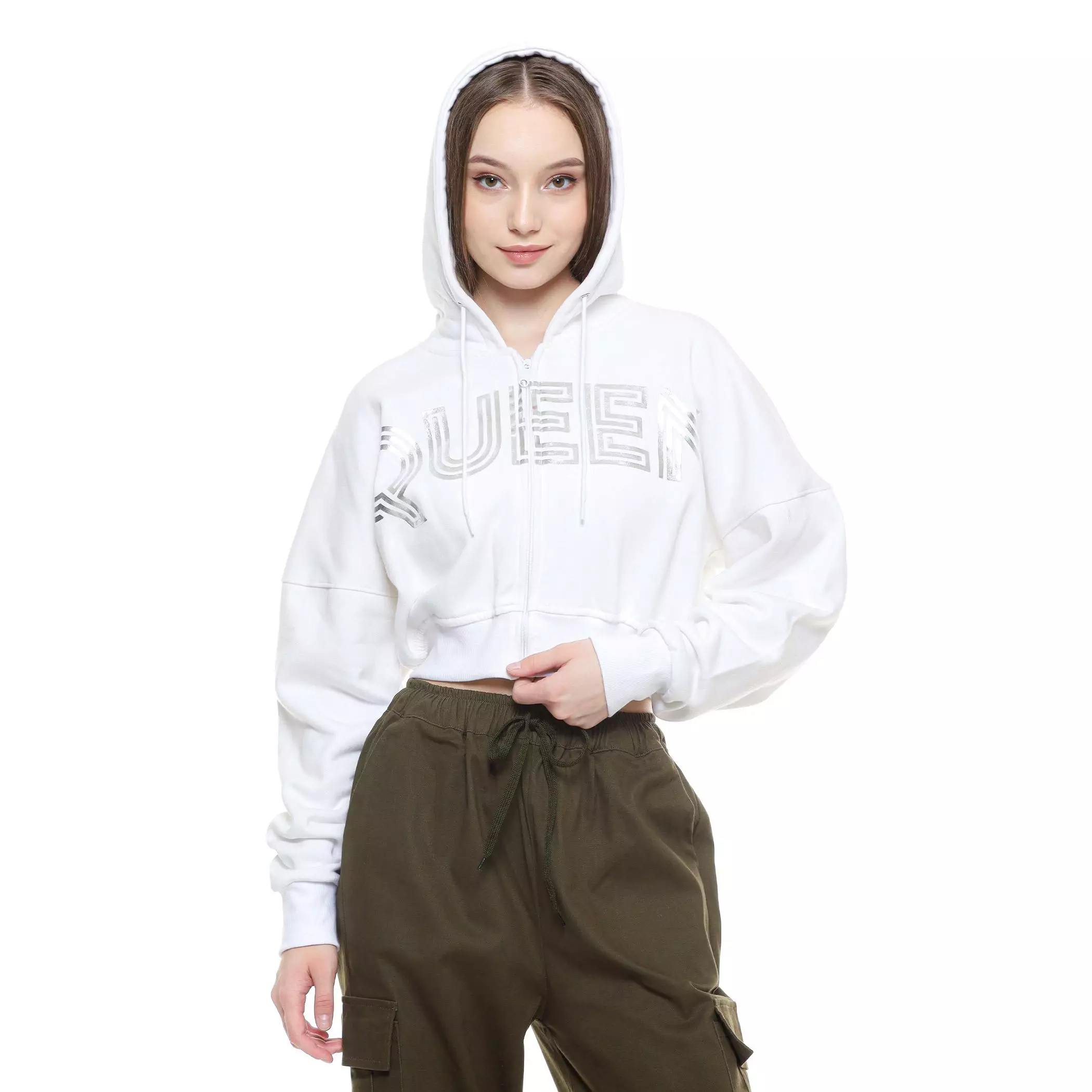Enough For Today - Sweater Crop Hoodie Zipper Bless A Queen Silver Putih