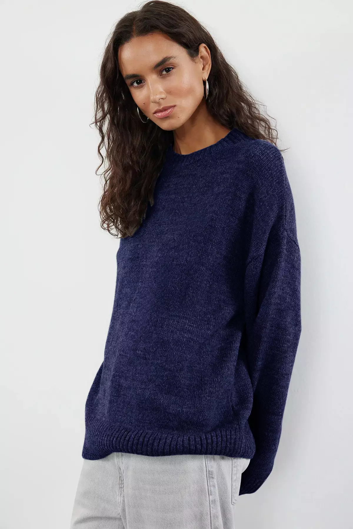 Navy Blue Wide Fit Soft Textured Knitwear Sweater