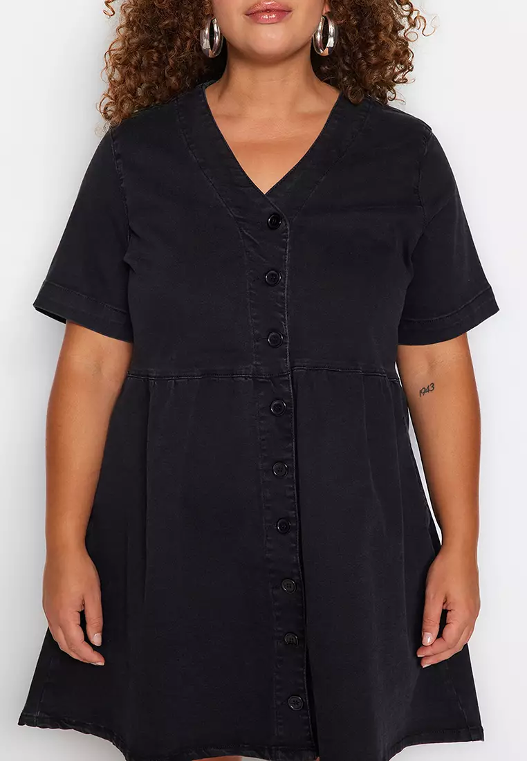Plus Size V-Neck Denim Mini Dress