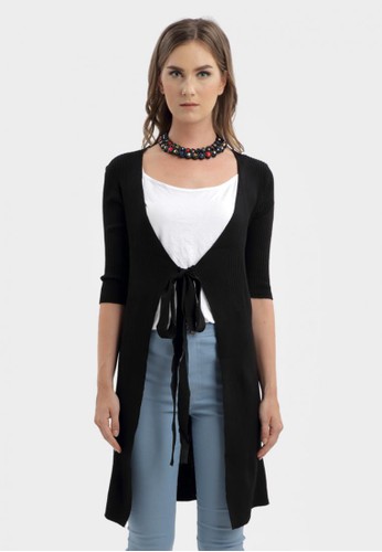 Front Tied Knitted Cardigan in Black