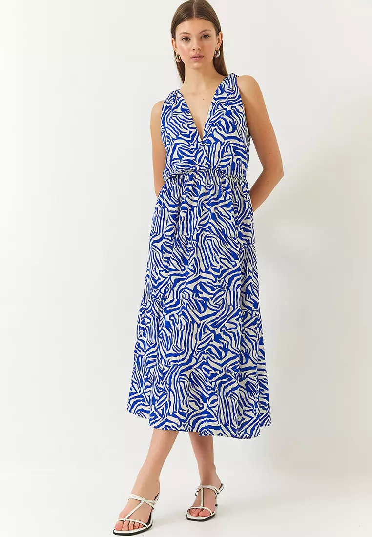 Women's Double Breasted Neckline Elastic Waist Back Rope Tie Print Dress 60261428