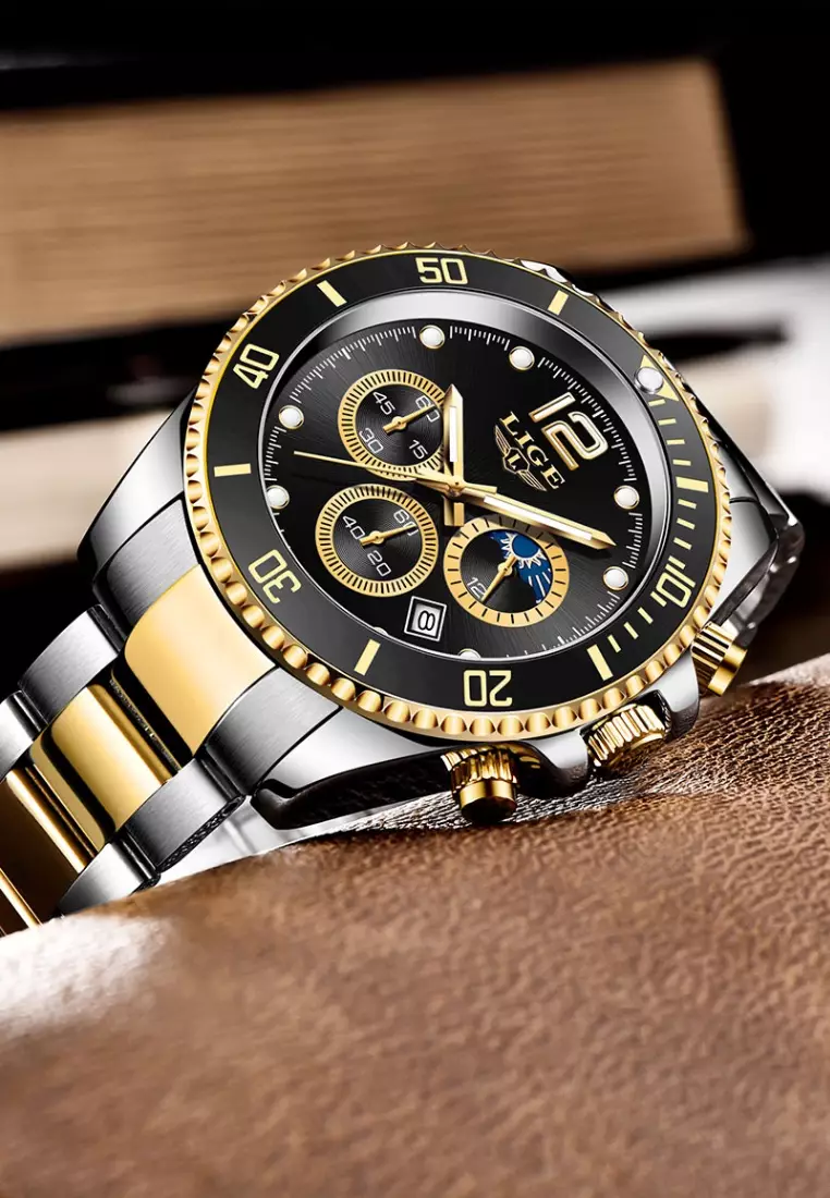 Unisex Chronograph Diver's Stainless Steel Quartz Watch with turning Bezel on Steel Bracelet