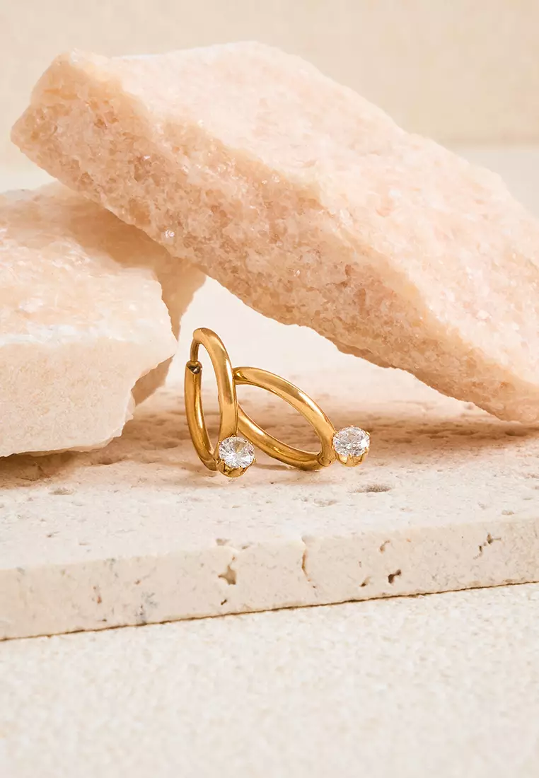 Lune Solitaire Drop Hoop Earrings in Gold