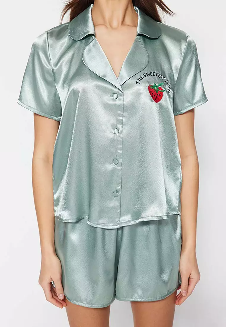 Embroidered Satin Pajamas Set