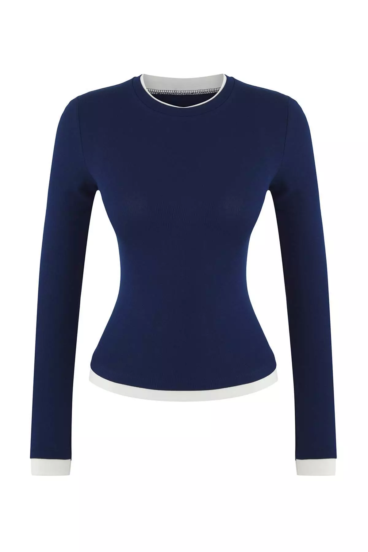 Navy Blue Color Block Fitted/Body-Smoothing Viscose/Soft Fabric Flexible Knitted Blouse Twoaw25Bz00114