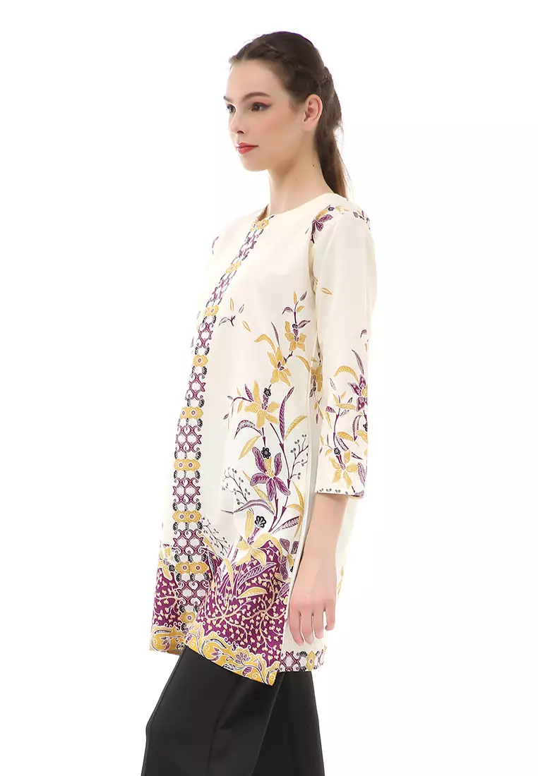 Olaf Atasan Batik Wanita Tunik Traditional Motive Simple Design Material Cotton ORIGINAL - White Brown