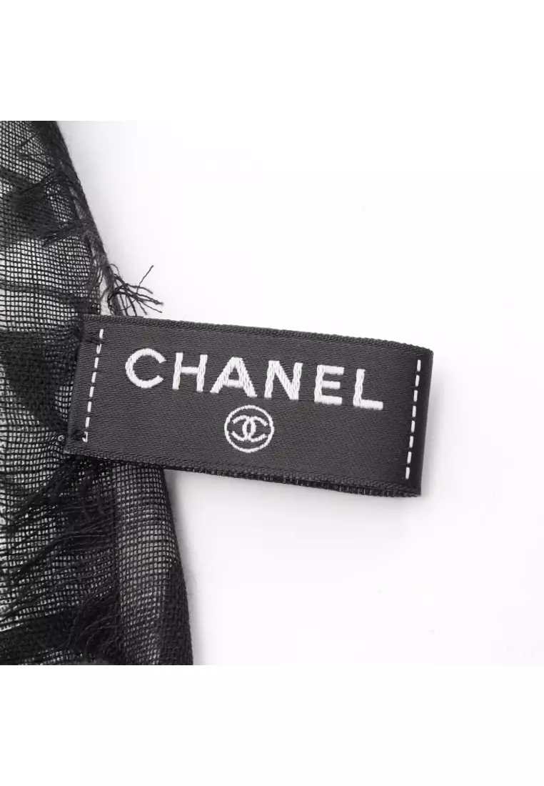 Pre-Loved Chanel coco mark shawl cashmere silk black white