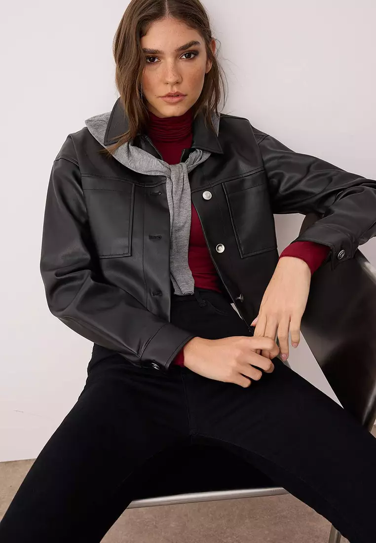Black Regular Fit Faux Leather Slim Jacket Coats