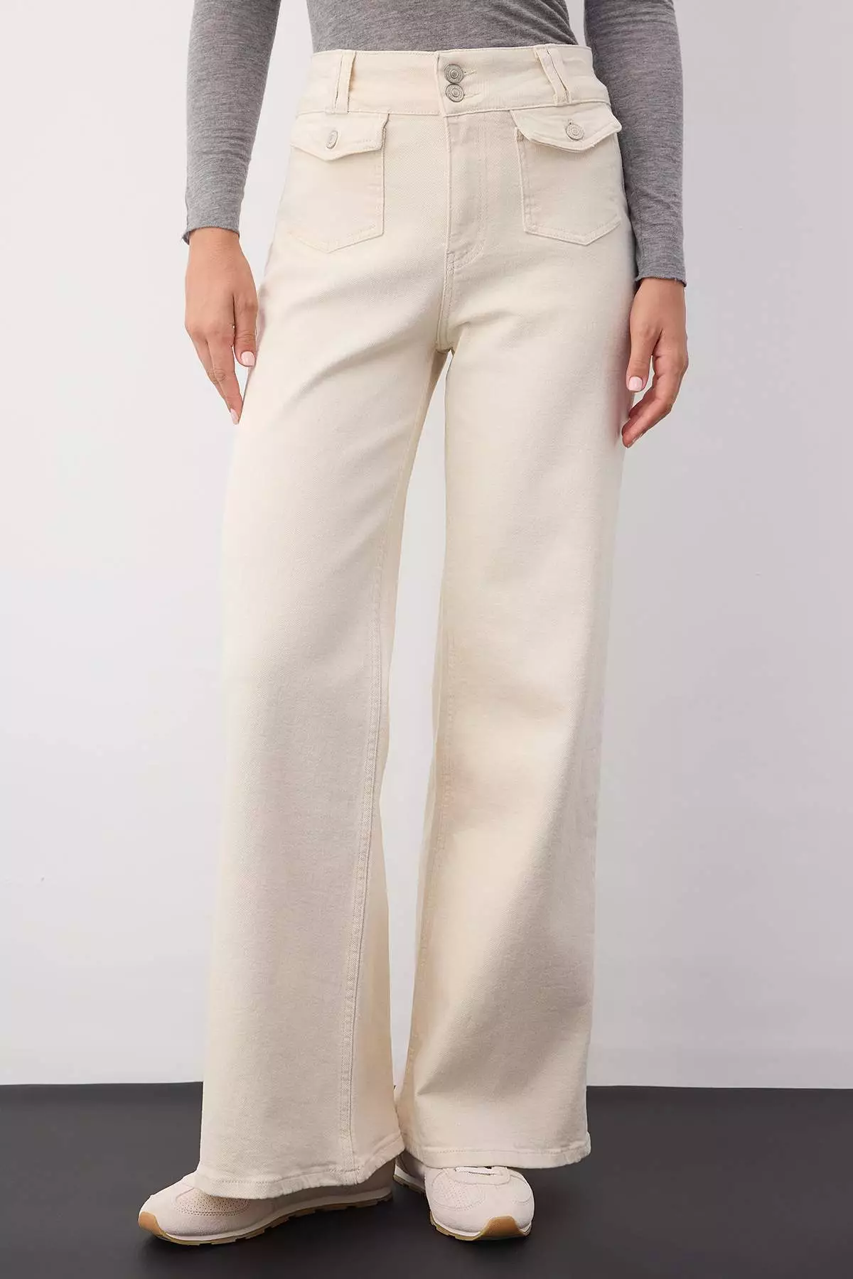 Wardrobe Essentials Ecru High Waist Pocket Detail Comfort Flexible Wide Leg Palazzo Jeans Twoaw26Je00120