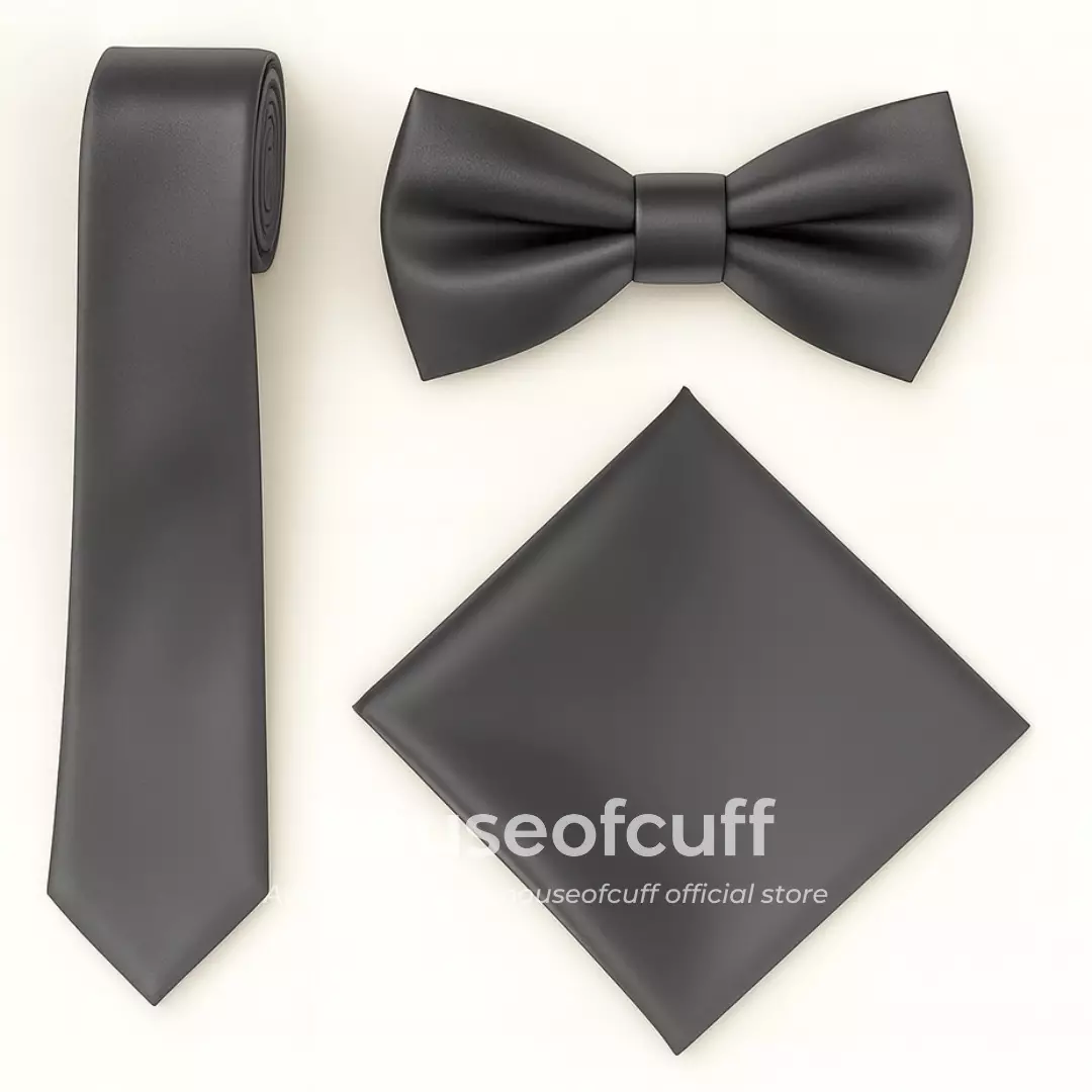 Houseofcuff dasi panjang dasi kupu pocket square satin Dark Grey