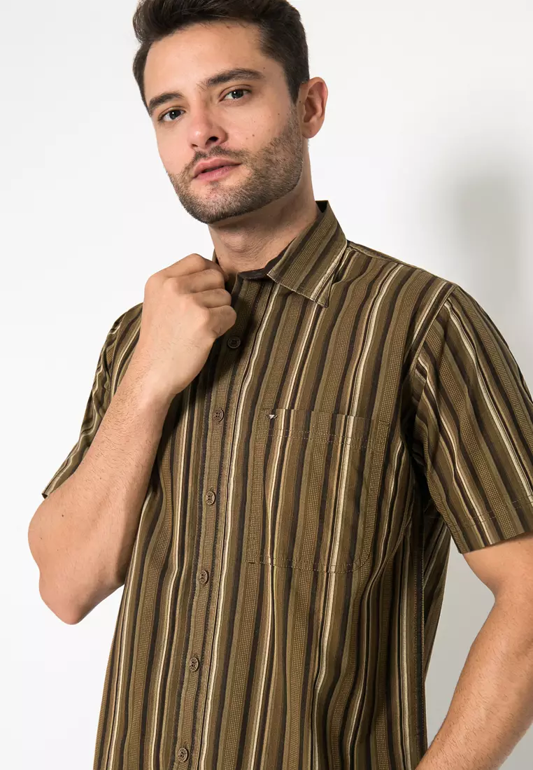 LGS - Kemeja Casual - Motif Salur - Coklat - Regular Fit