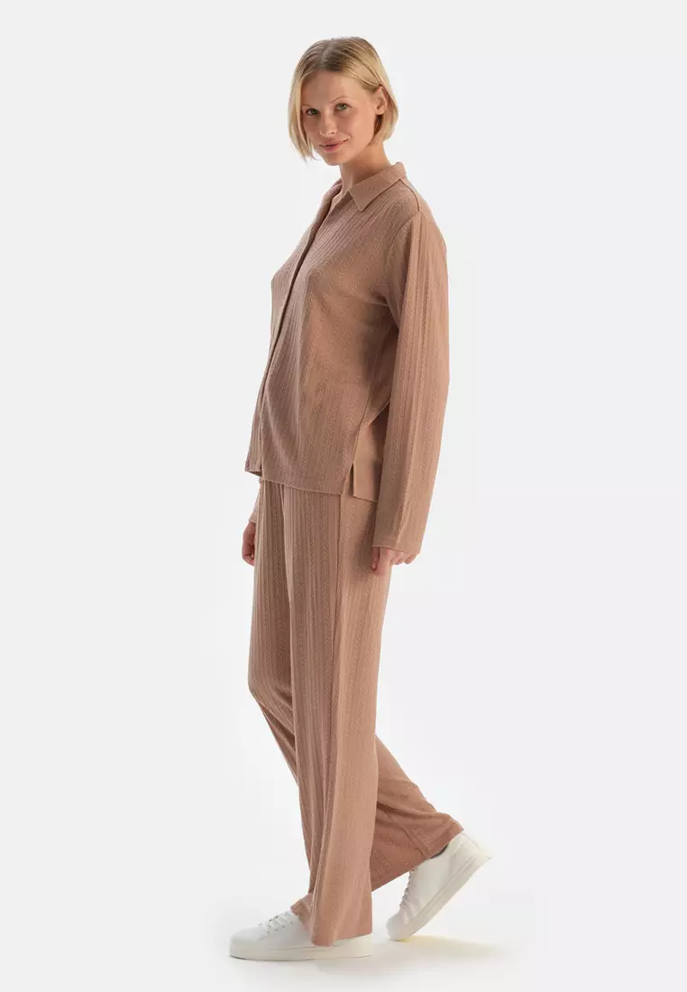 Beige Shirt, Shirt Collar, Regular Fit, Long Sleeve Loungewear for Women